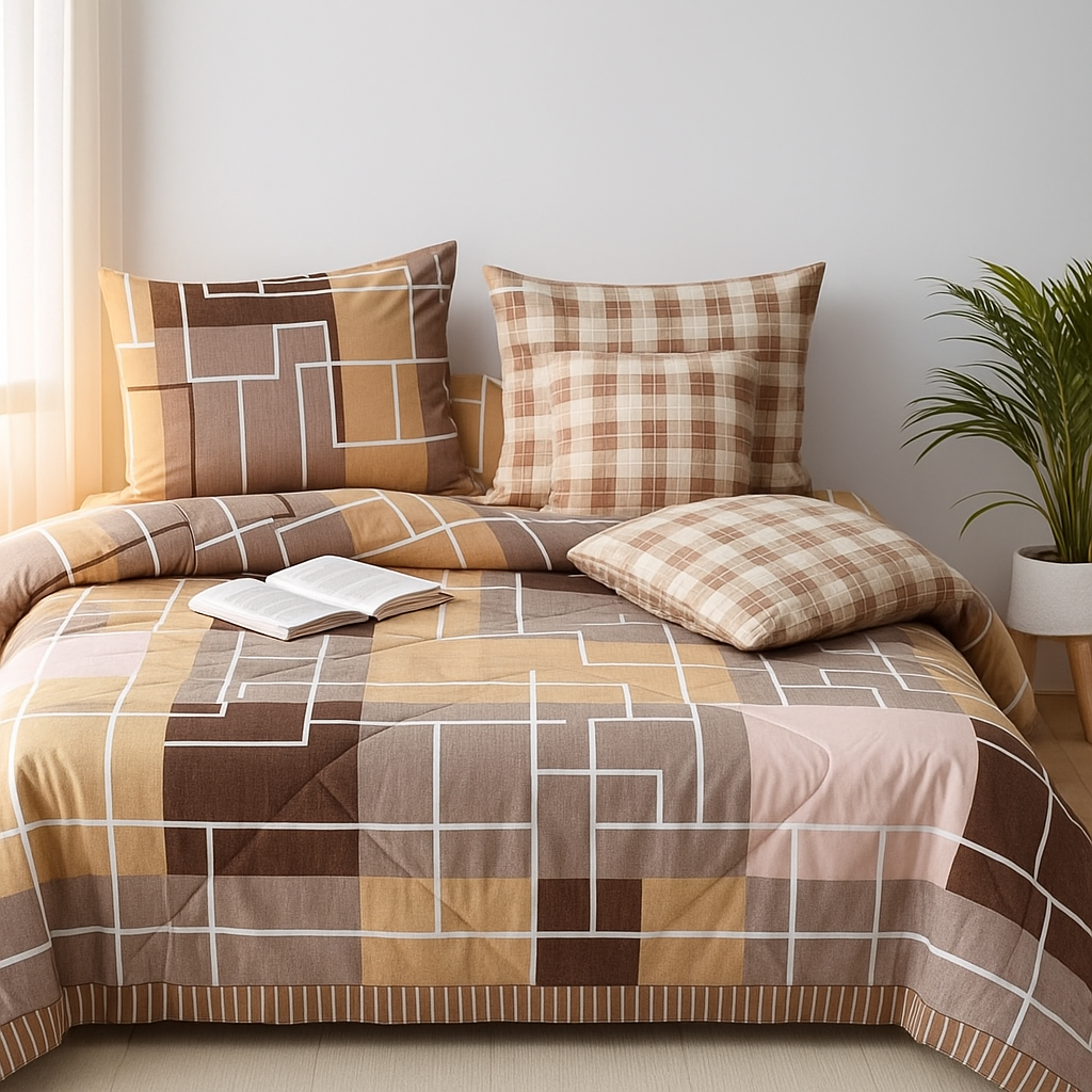 7-Piece Geometric & Plaid Comforter Set – Brown, Beige & Tan | Soft Microfiber Bedding Collection