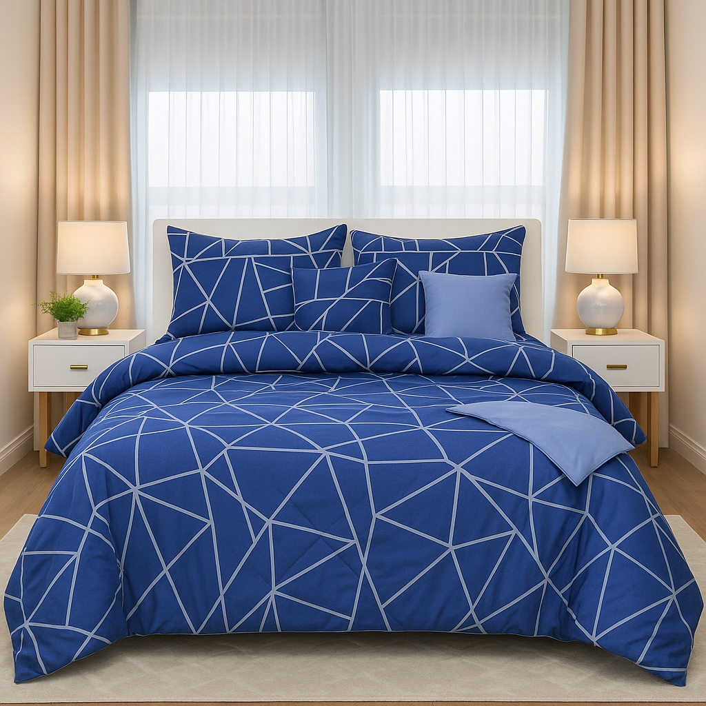 7-Piece Royal Blue Geometric Comforter Set | Soft Microfiber Bedding