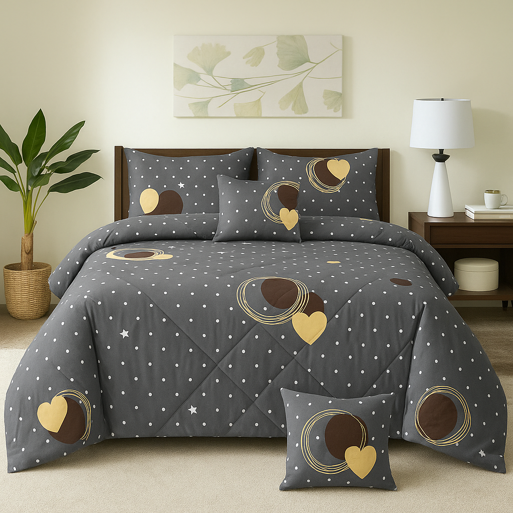 7-Piece Comforter Set |Dark Grey Bedding |Golden Heart Design |Luxury Soft Microfiber Quilt