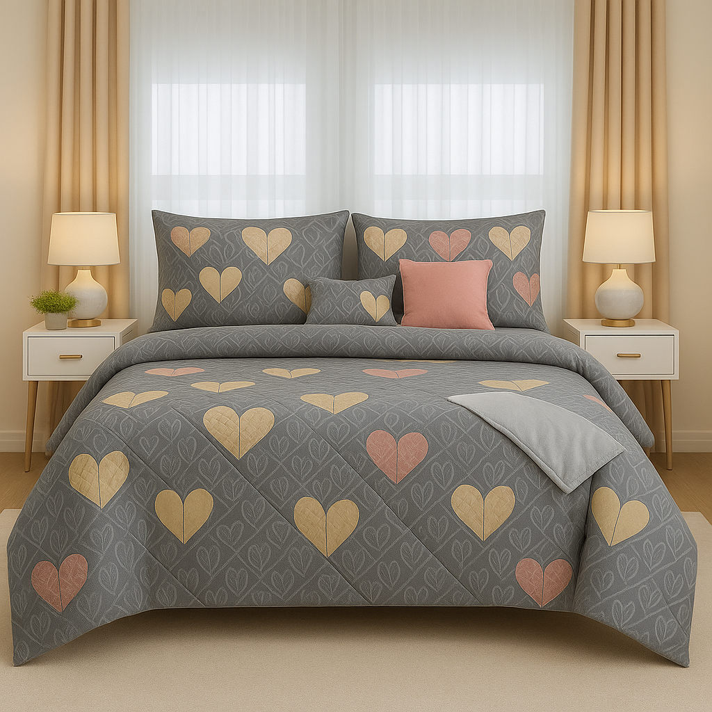7-Piece Heart Pattern Comforter Set – Gray, Peach & Gold | Romantic Soft Microfiber Bedding