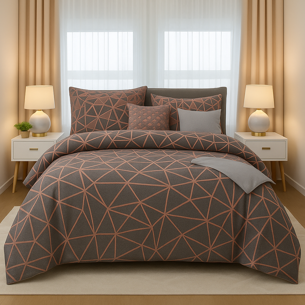 7-Piece Geometric Comforter Set | Charcoal Grey & Copper Bedding | Modern Microfiber Quilt Set