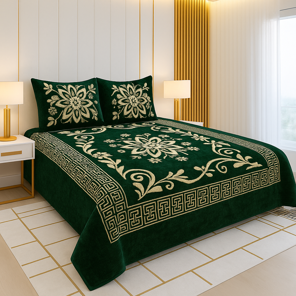 Emerald Green Velvet Bedsheet Set – Luxurious Floral Design with Premium Soft Texture