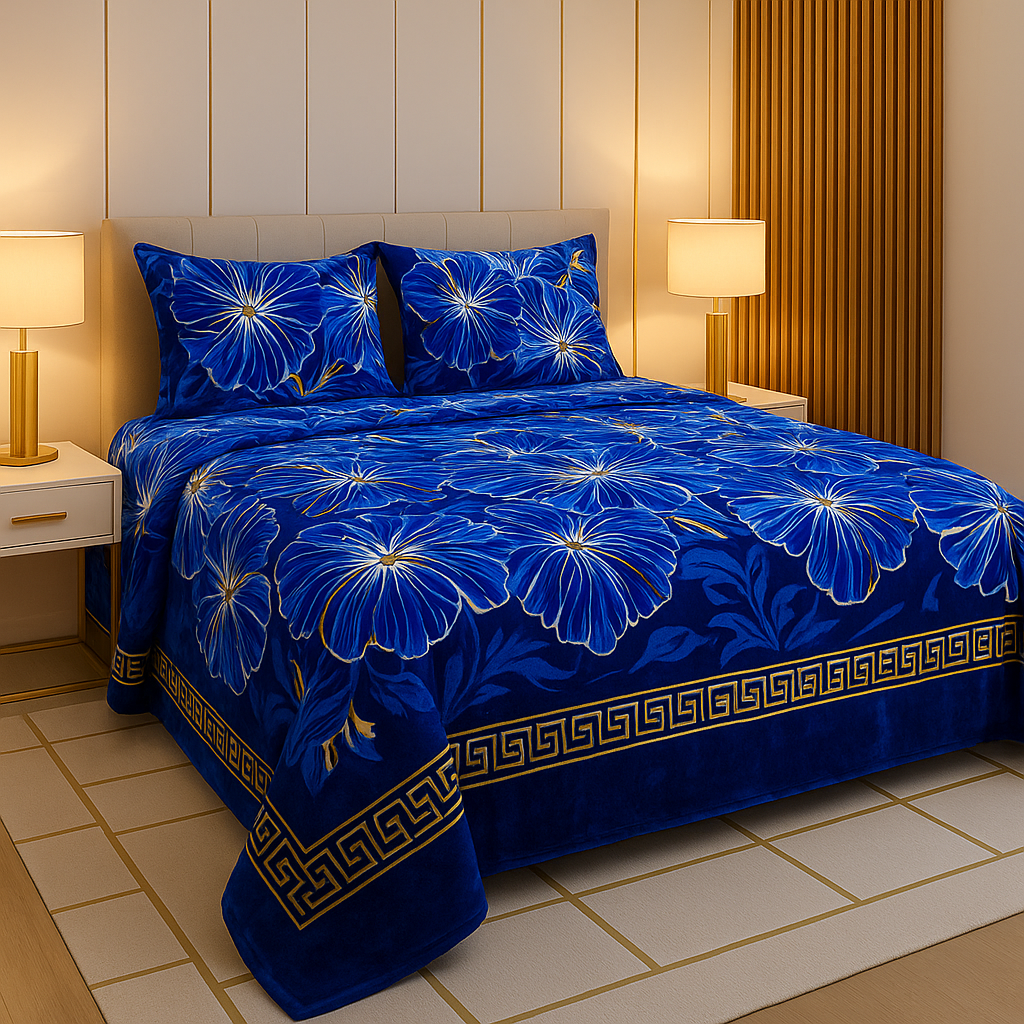 3 pc Royal Blue Luxury Floral Bedsheet Set – Elegant Gold Border Microfiber Bedding with Pillow Covers
