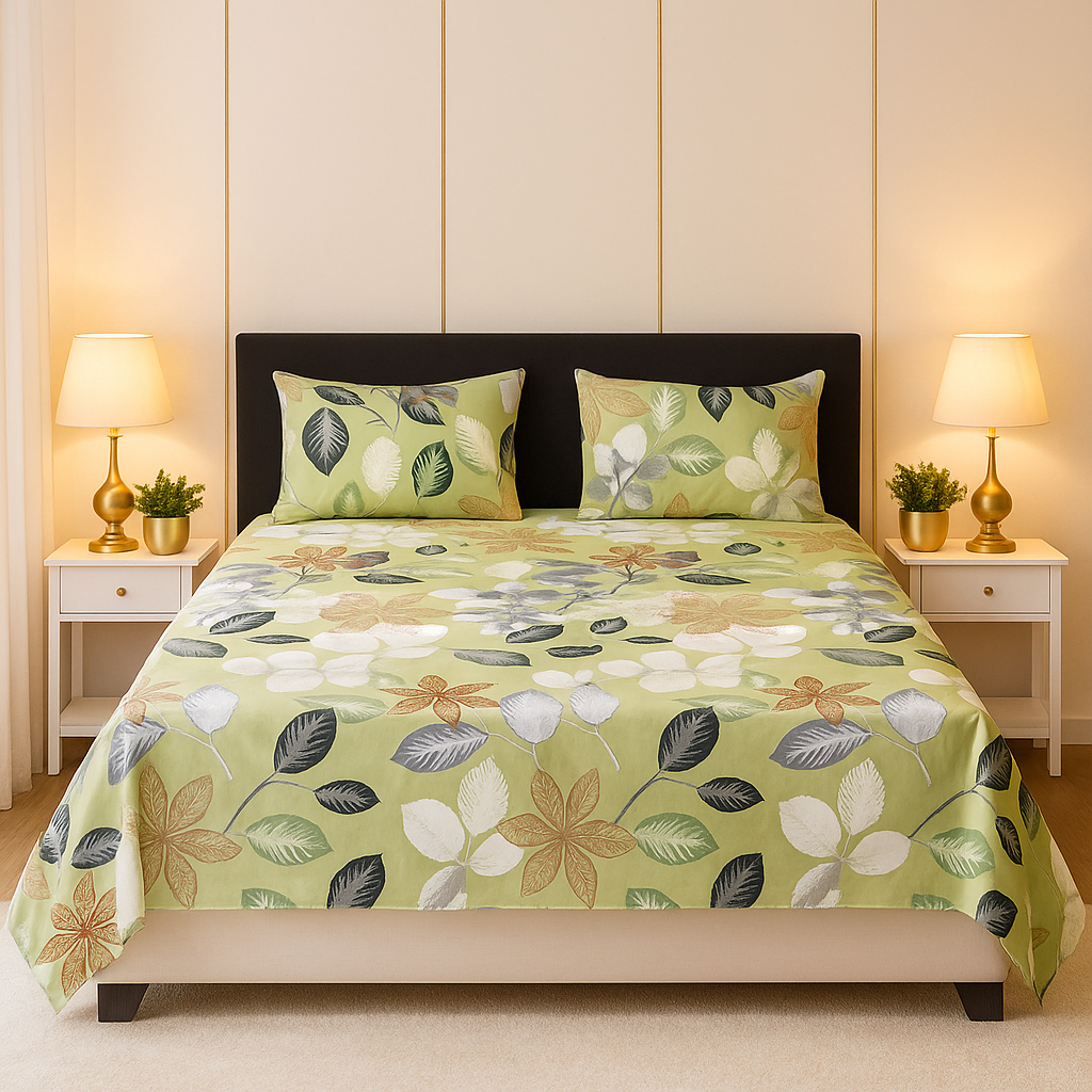 Light Green Floral Leaf Print Bedsheet – Soft Cotton Feel Bedding Set | Elegant Nature Inspired Design