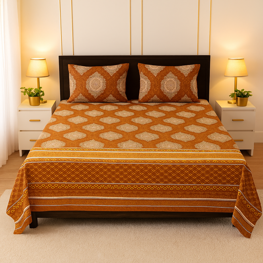 Brown Ethnic Print Cotton-Feel Bed sheet – Traditional Design Bedding Set for Elegant Home Decor