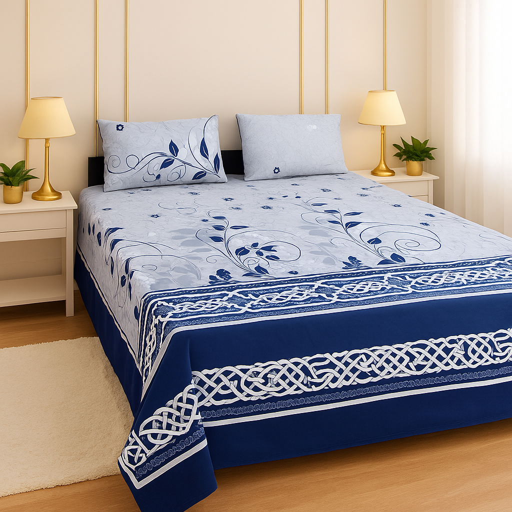 Blue & White Floral Cotton-Feel Bedsheet – Elegant Printed Bedding Set for Modern Bedrooms