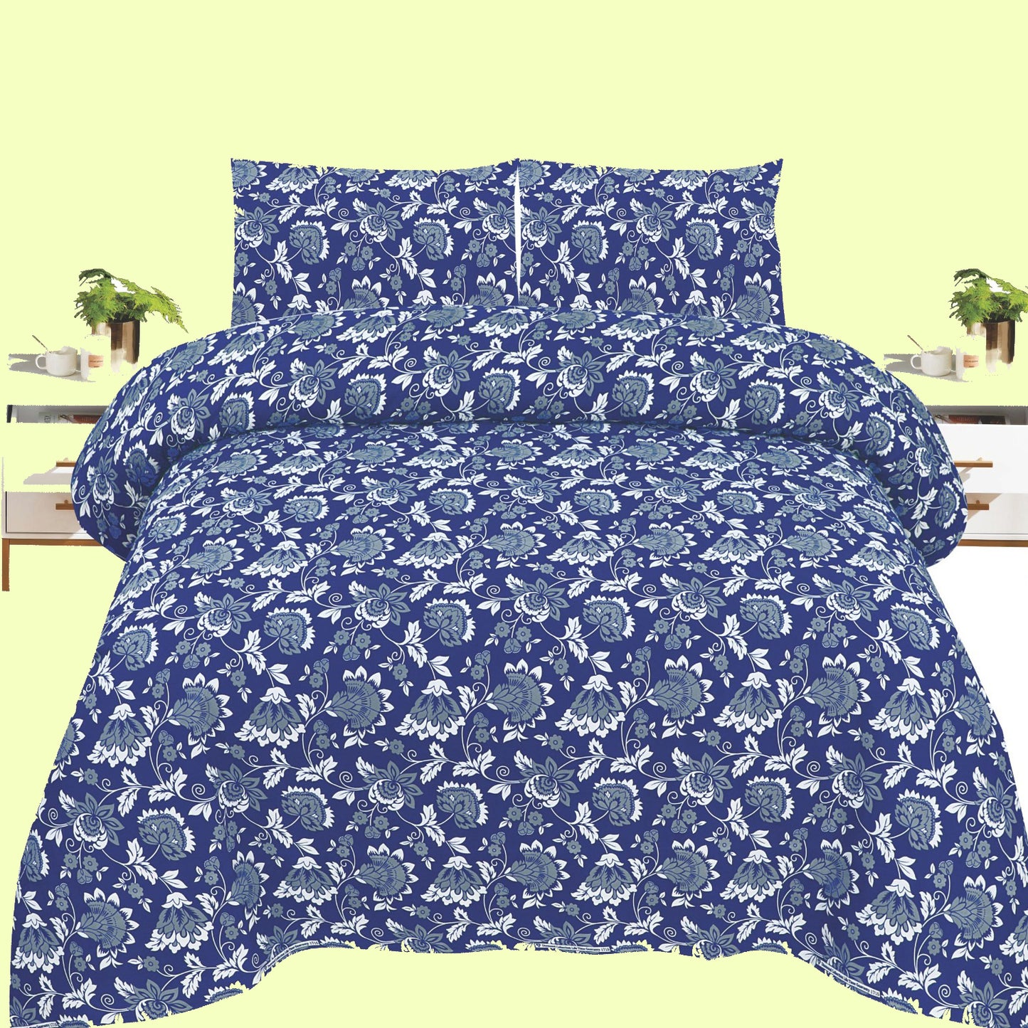 Navy Blue Floral Cotton Bedsheet Set – Elegant Printed Bedding for Everyday Comfort