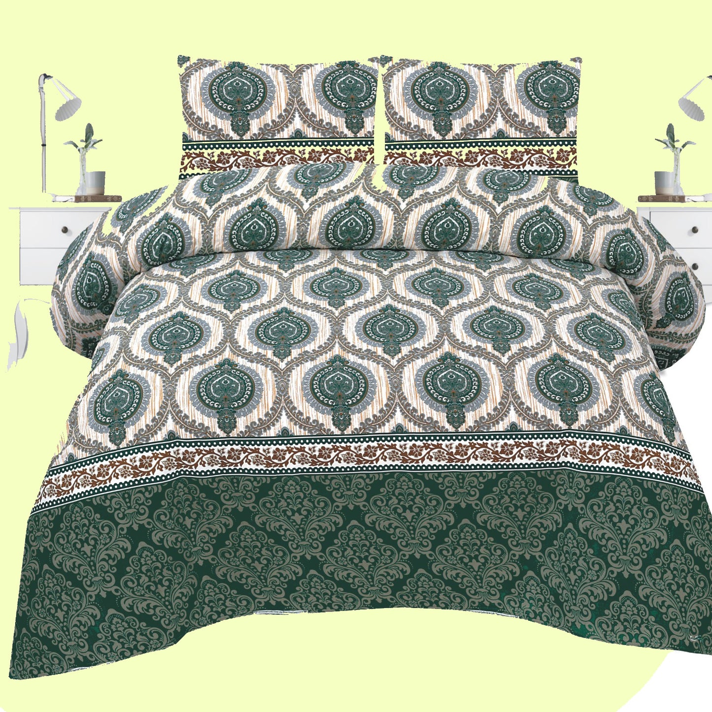 Green and Beige Ethnic Print Cotton Bedsheet Set – Traditional Elegance in Soft Comfort