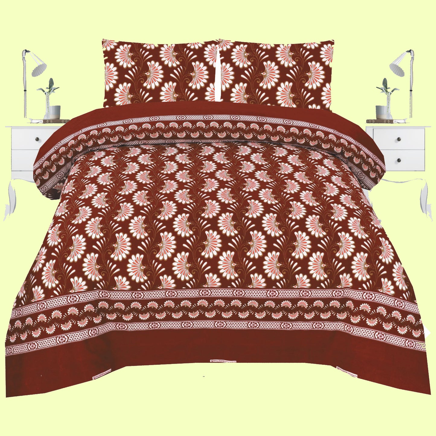 Maroon and White Floral Cotton Bedsheet Set – Elegant Bloom Design for a Cozy Bedroom