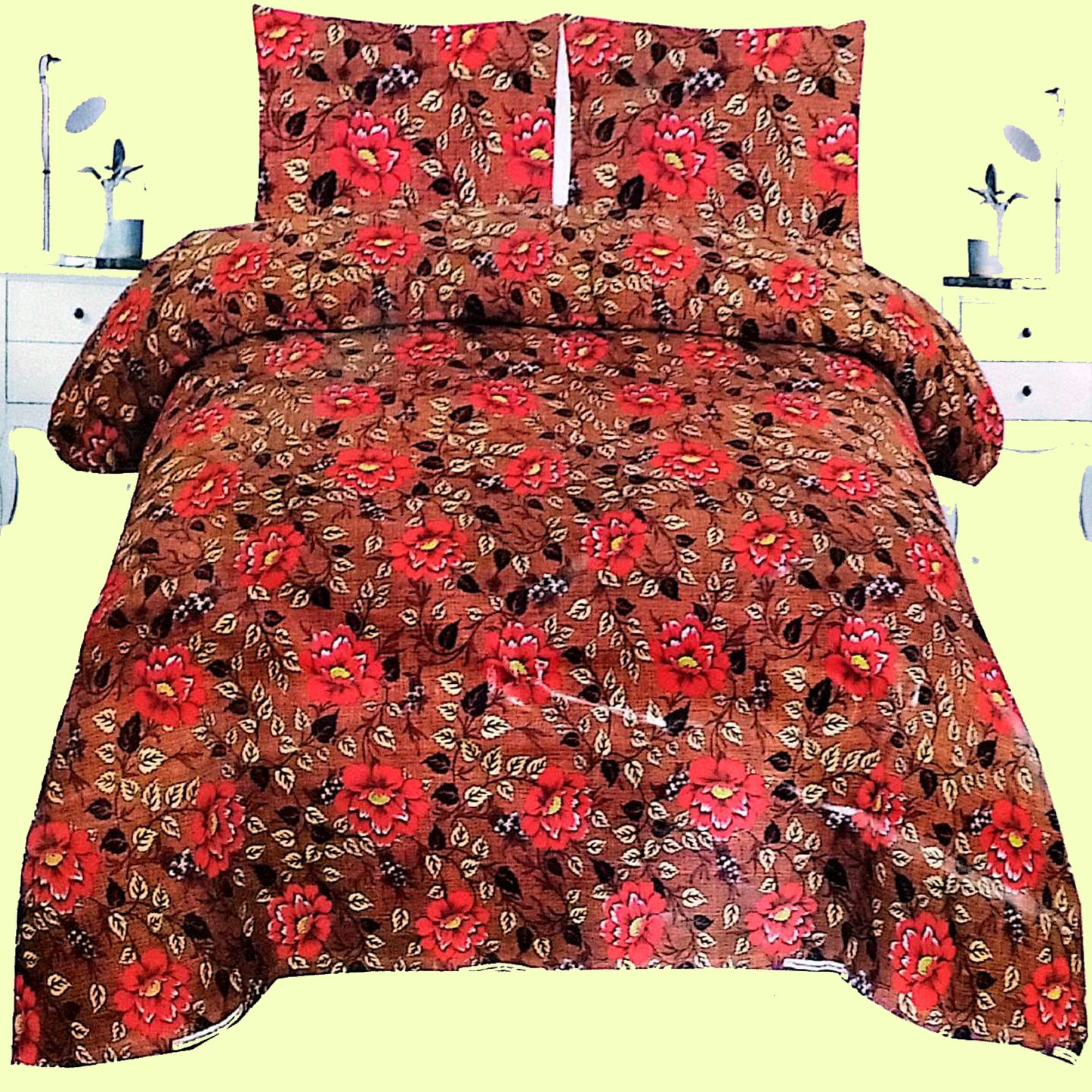 Rustic Floral Bedding Set – Warm Brown Base with Vibrant Red Blossoms for Cozy Elegance