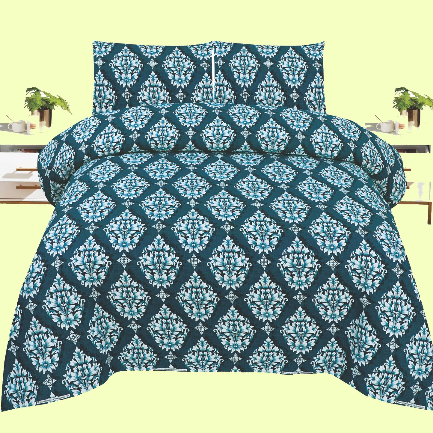 Blue Royale Damask Bedding Set – Premium Cotton Bedsheet with Classic Floral Patterns