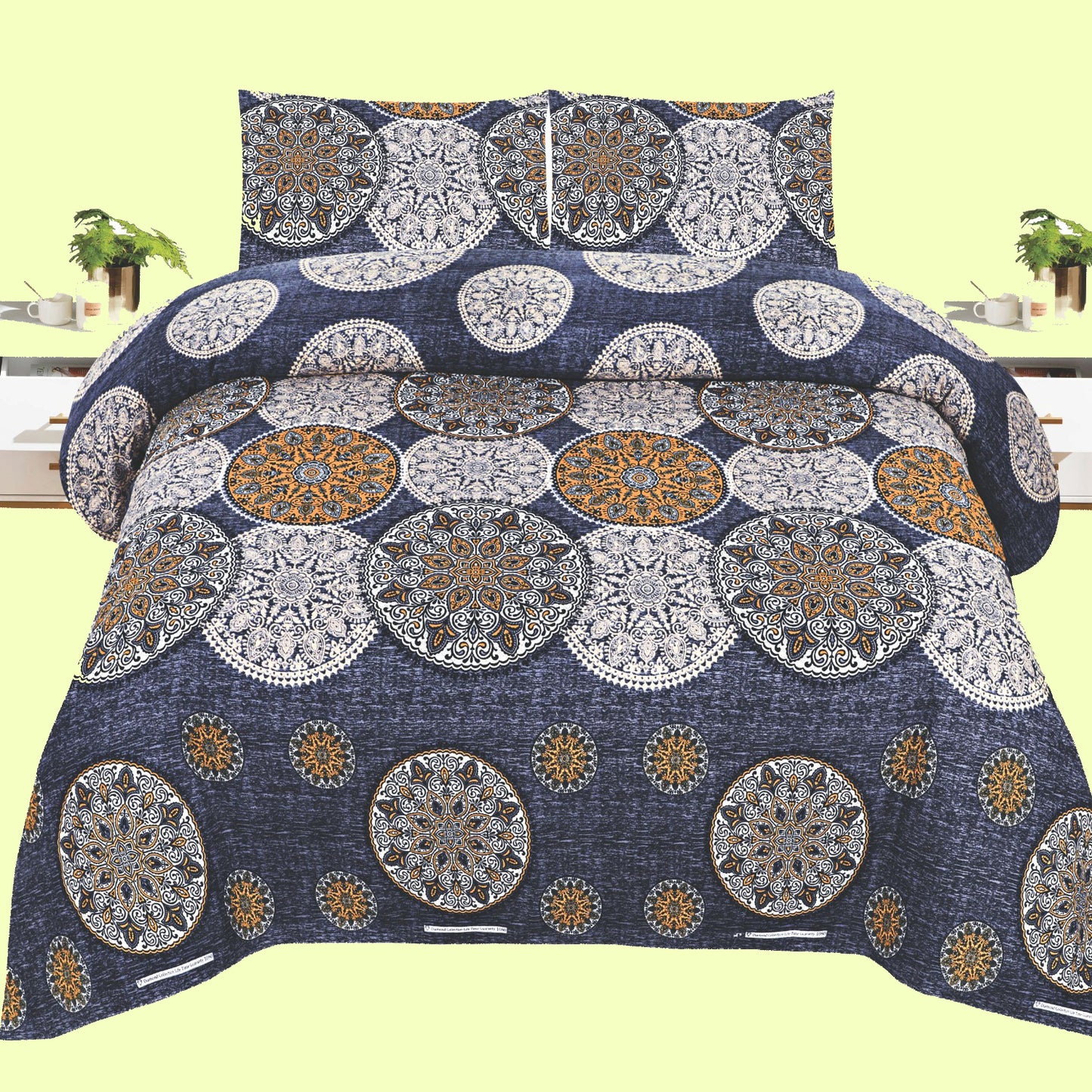 Royal Mandala Cotton Bedding Set – Elegant Blue and Gold Printed Bedsheet for Luxurious Bedrooms