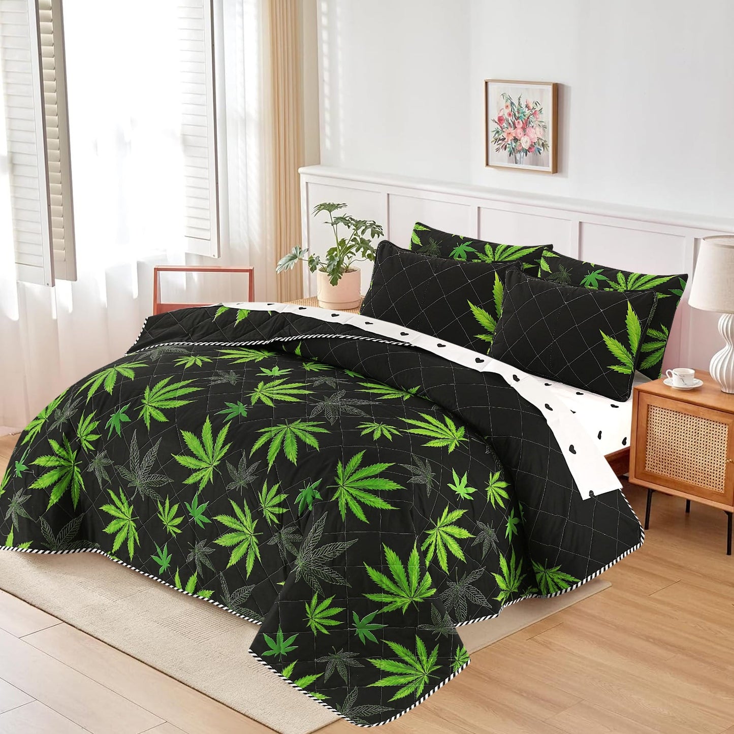 Black & Green Leaf 7PC Bedding Set| Premium Comforter Set| King Size Bed Set