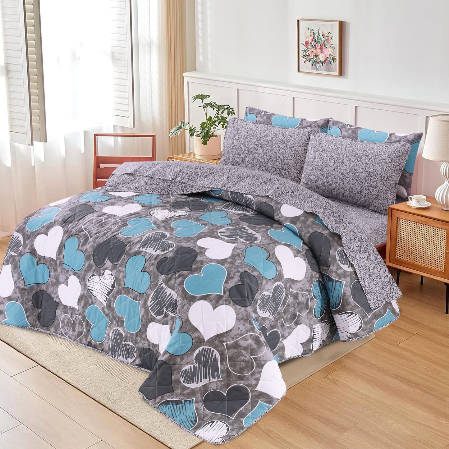 Blue & Grey Heart Print 7PC Bedding Set | Premium Comforter Set | King Size Bed Set