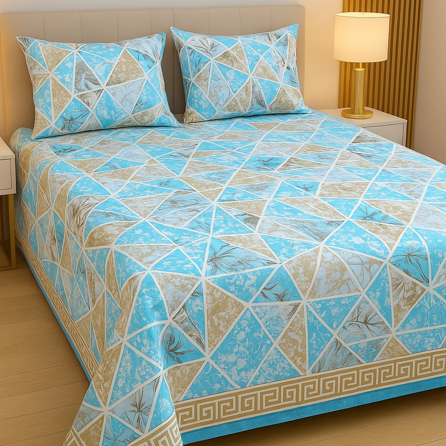 Aqua Blue Geometric Pattern Bedsheet Set – Premium Cotton-Feel Microfiber with Beige and White Triangular Design