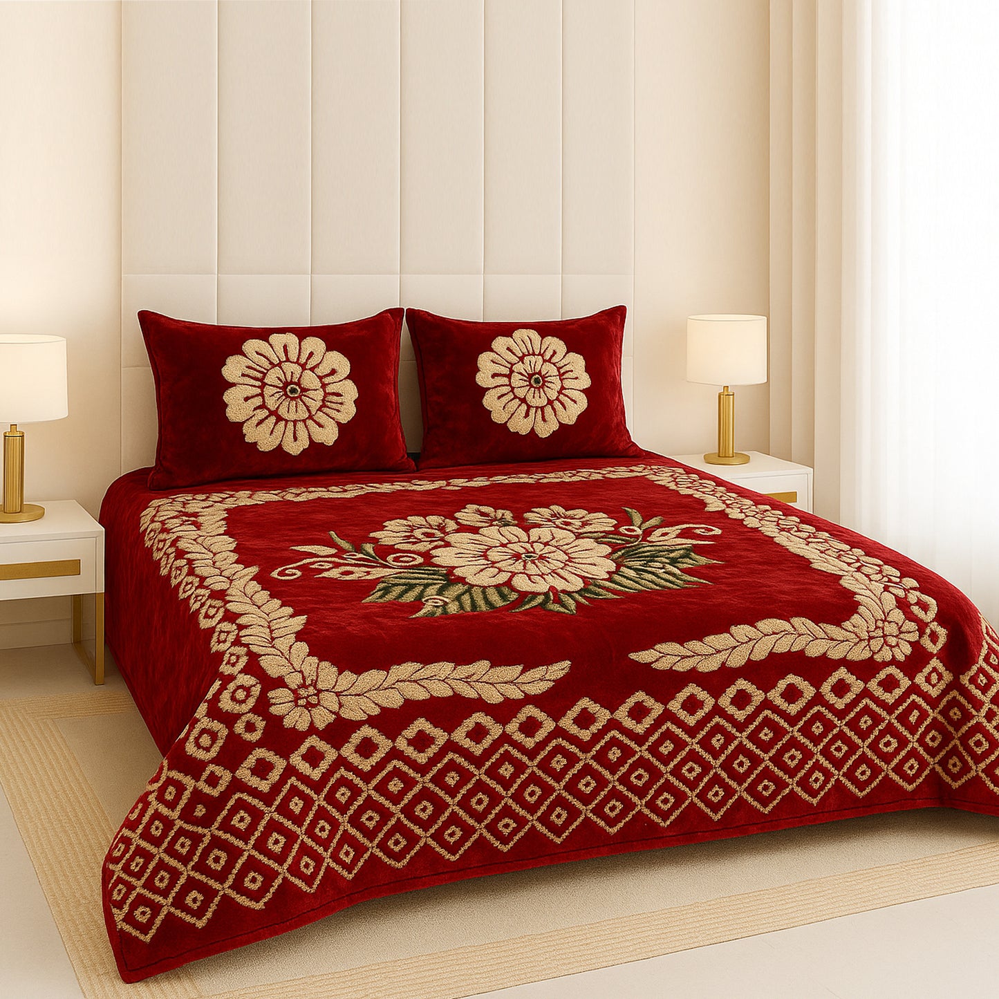 Royal Red Velvet Bedsheet Set – Golden Floral Design for Luxurious Bedrooms