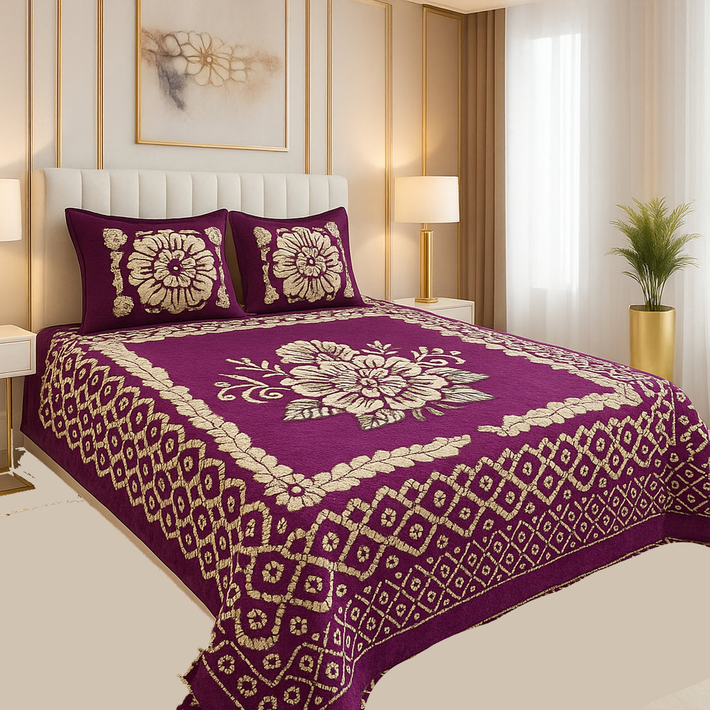 Royal Purple Velvet Bed sheet Set – Luxurious Golden Floral Design for Elegant Bedrooms