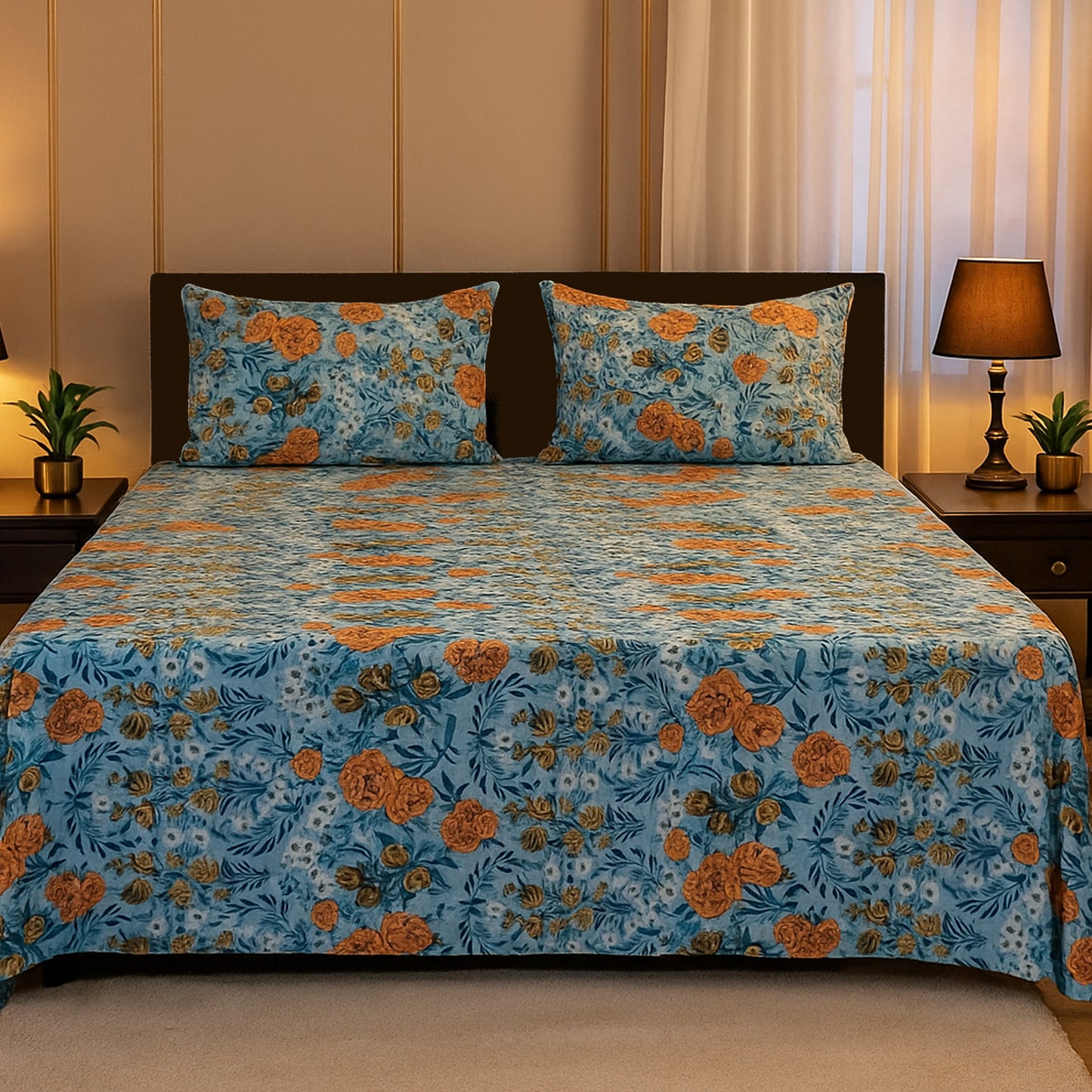 Luxury Blue Floral Bedsheet with Orange Blossoms – Soft Cotton Feel | Elegant Bedroom