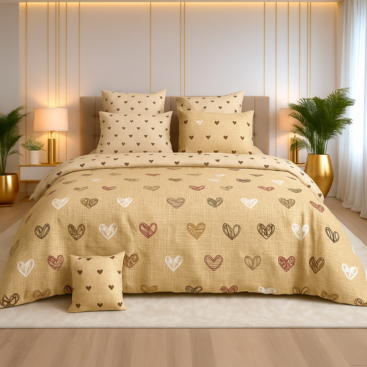 7-Piece Heart Pattern Comforter Set | Soft Beige Microfiber Bedding