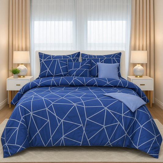 7-Piece Royal Blue Geometric Comforter Set | Soft Microfiber Bedding