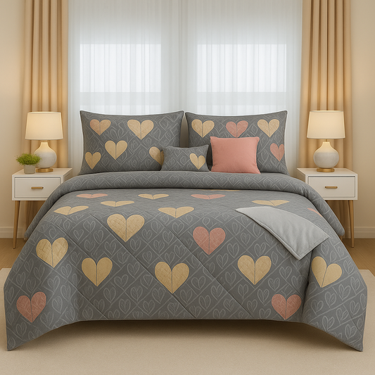 7-Piece Heart Pattern Comforter Set – Gray, Peach & Gold | Romantic Soft Microfiber Bedding