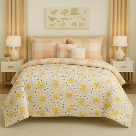 7-Piece Peach Floral Comforter Set – Modern Check & Daisy Design | Soft Microfiber Bedding Collection