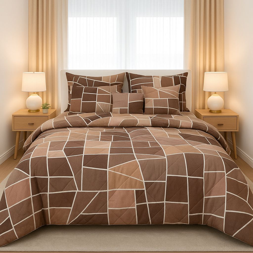 Luxury Brown Geometric Comforter Set | Modern Microfiber Bedding for Double Bed