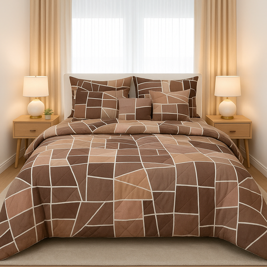 Luxury Brown Geometric Comforter Set | Modern Microfiber Bedding for Double Bed