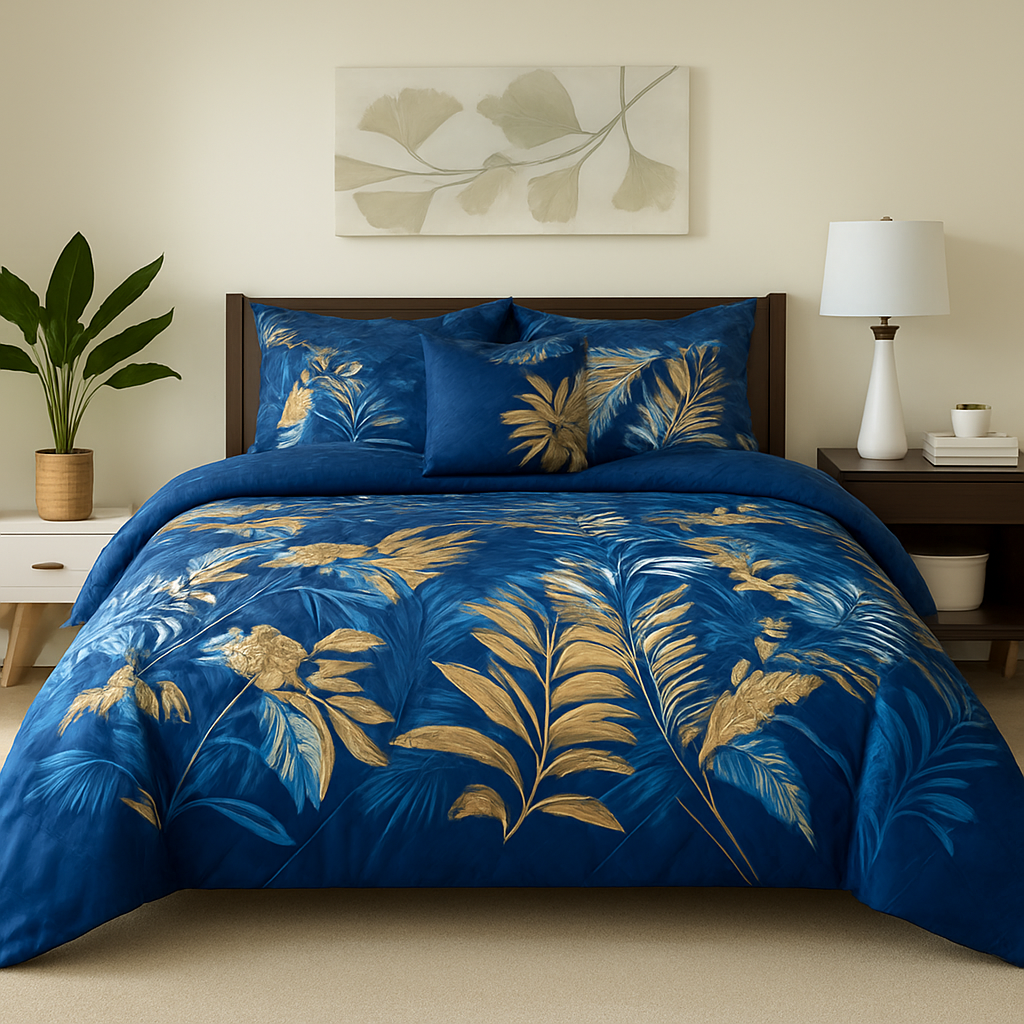 7-Piece Royal Blue & Gold Leaf Comforter Set | Luxury Microfiber Bedding Collection
