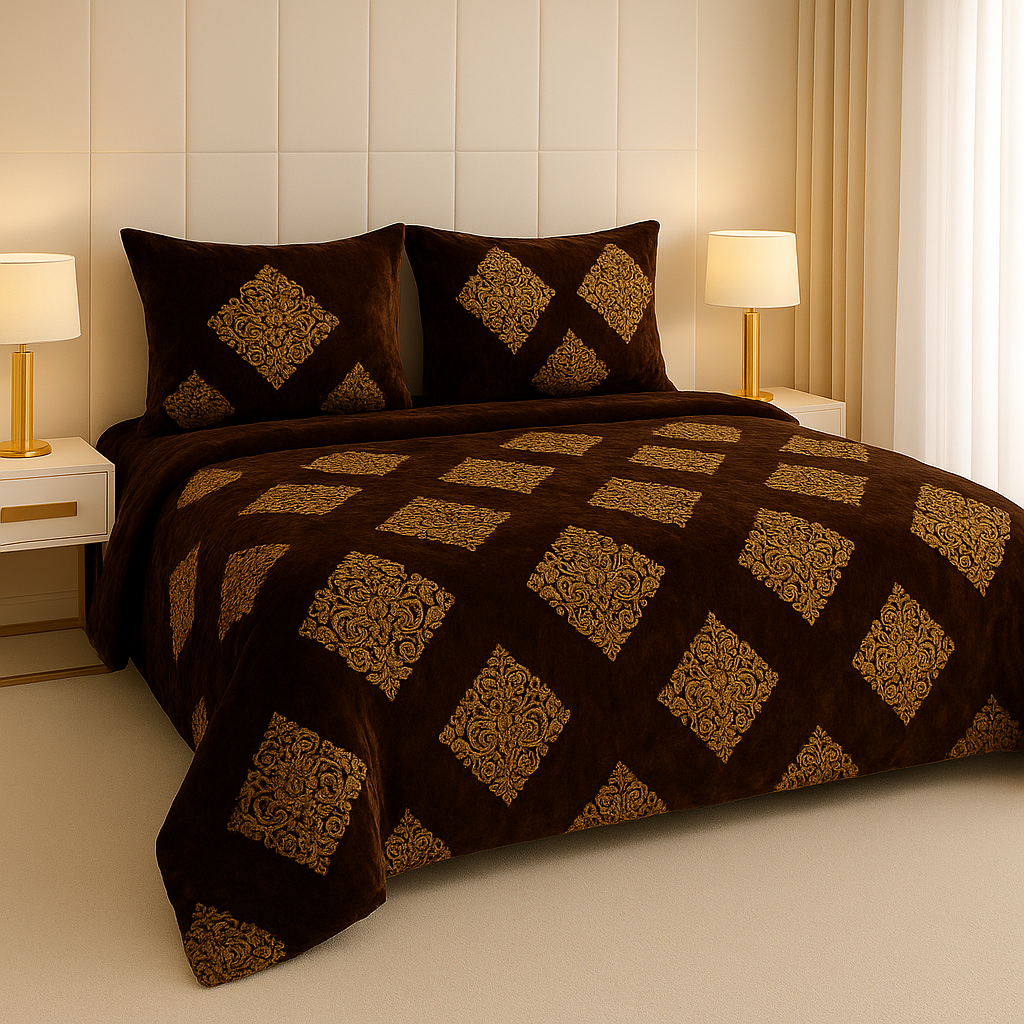 Chocolate Brown Velvet Bedsheet Set – Luxurious Diamond Embroidered Design for Elegant Bedrooms