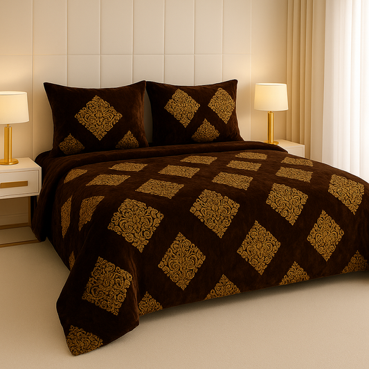 Chocolate Brown Velvet Bedsheet Set – Luxurious Diamond Embroidered Design for Elegant Bedrooms