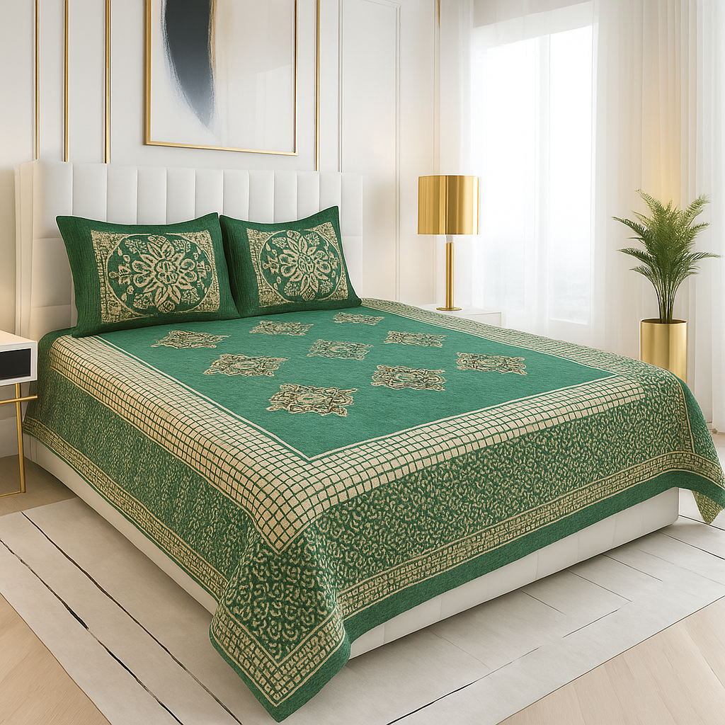 Emerald Green Velvet Finish Bedding Set – Luxurious Golden Floral Pattern Bedsheet for Elegant Bedrooms