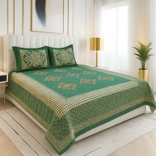 Emerald Green Velvet Finish Bedding Set – Luxurious Golden Floral Pattern Bedsheet for Elegant Bedrooms