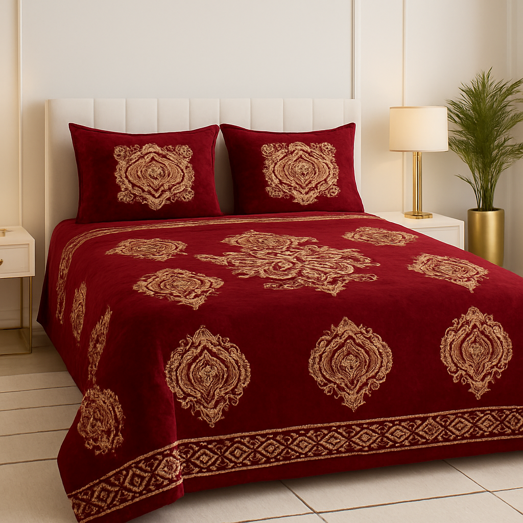 Royal Maroon Velvet Bedsheet Set – Luxurious Golden Embroidery Design for Elegant Bedrooms