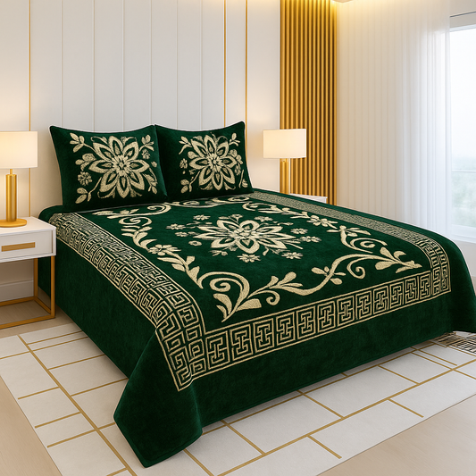 Emerald Green Velvet Bedsheet Set – Luxurious Floral Design with Premium Soft Texture