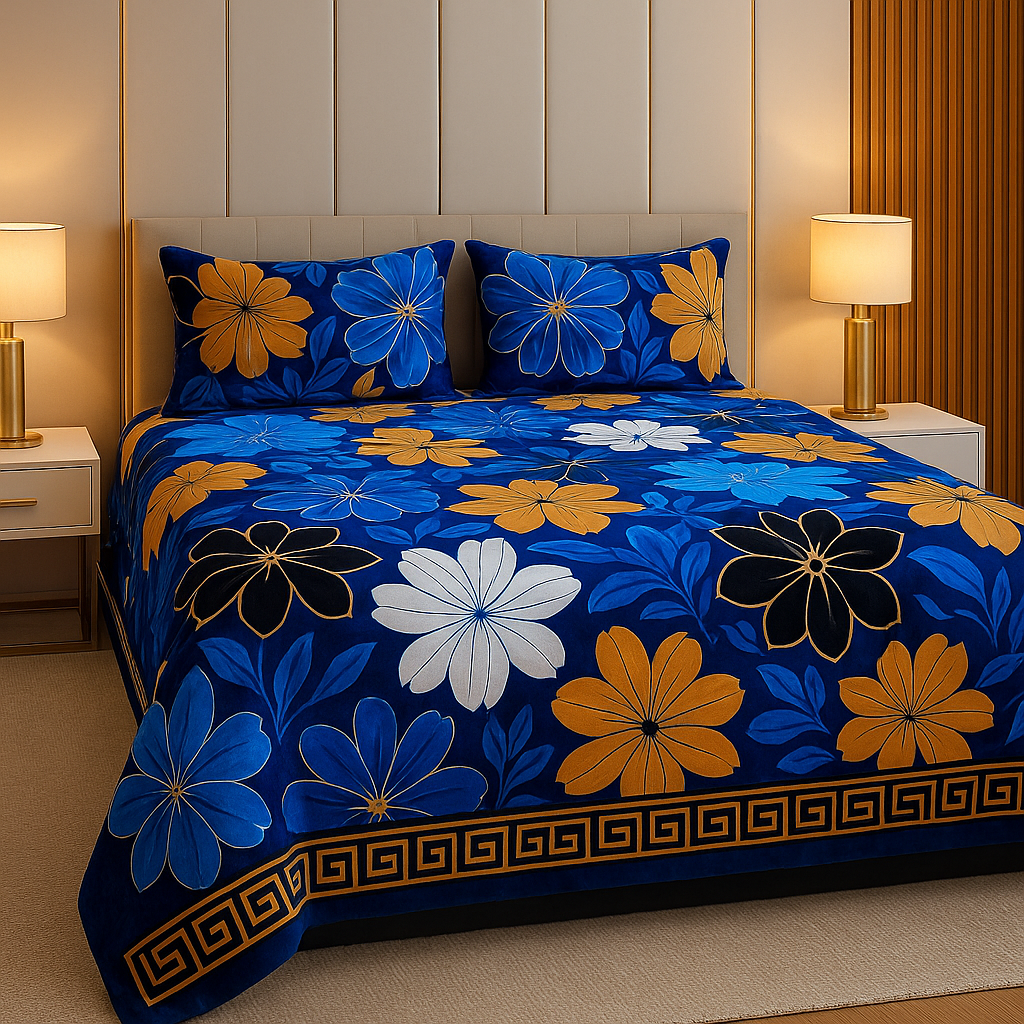 3 pc Luxury Royal Blue Floral Bedsheet Set – Premium Microfiber Fabric with Golden & White Flower Design