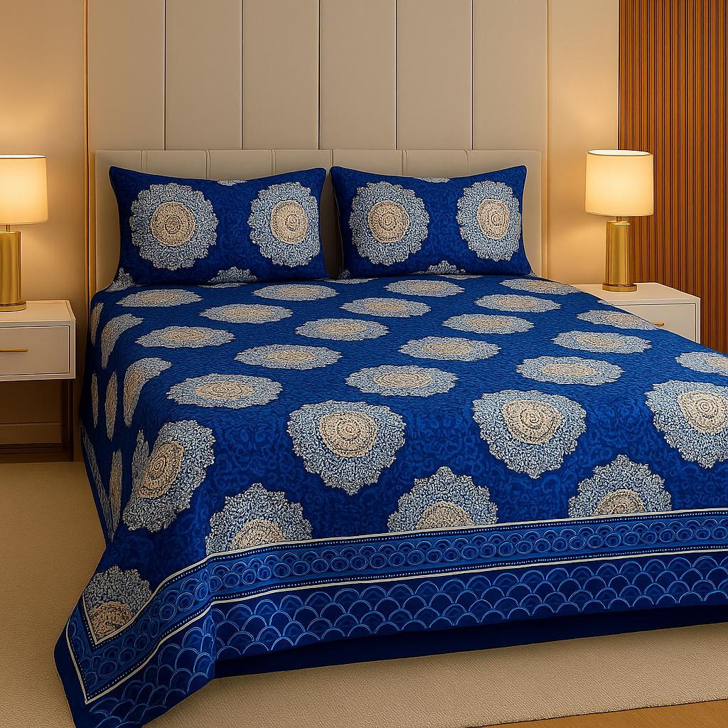 3 pc Royal Blue Mandala Print Bedsheet Set – Premium Microfiber Fabric with Elegant Beige Circle Design