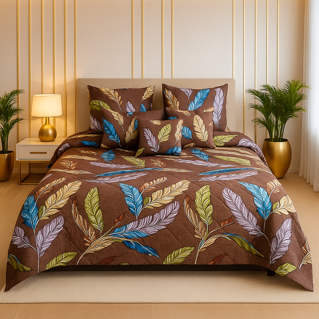 Brown Feather Print Bedsheet – Nature Inspired Soft Cotton Feel Bedding Set | Premium Bedroom Deco