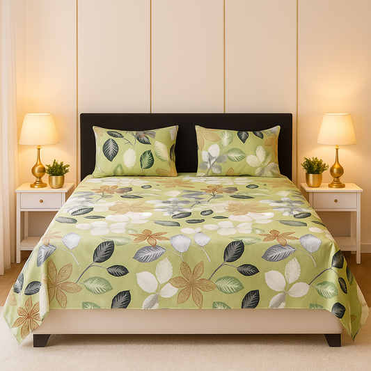 Light Green Floral Leaf Print Bedsheet – Soft Cotton Feel Bedding Set | Elegant Nature Inspired Design