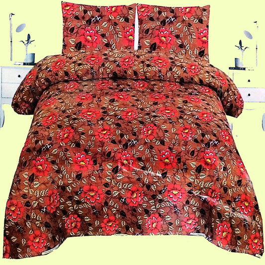 Rustic Floral Bedding Set – Warm Brown Base with Vibrant Red Blossoms for Cozy Elegance