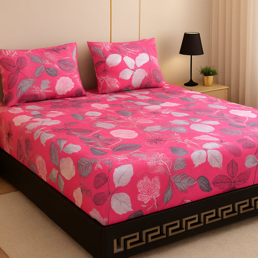 Vibrant Pink Floral Bedsheet – Soft Cotton Feel with Leaf Pattern | Modern Elegant Bedroom Decor