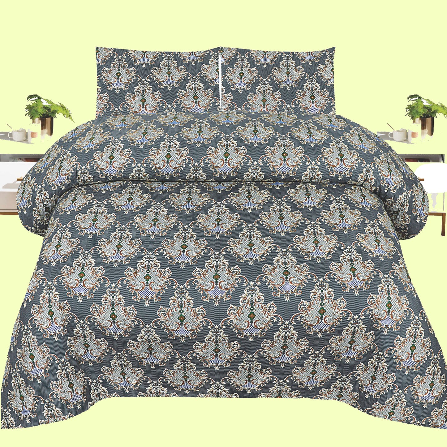 Royal Grey Damask Bedding Set – Premium Cotton Duvet Cover with Classic Ornate Patterns