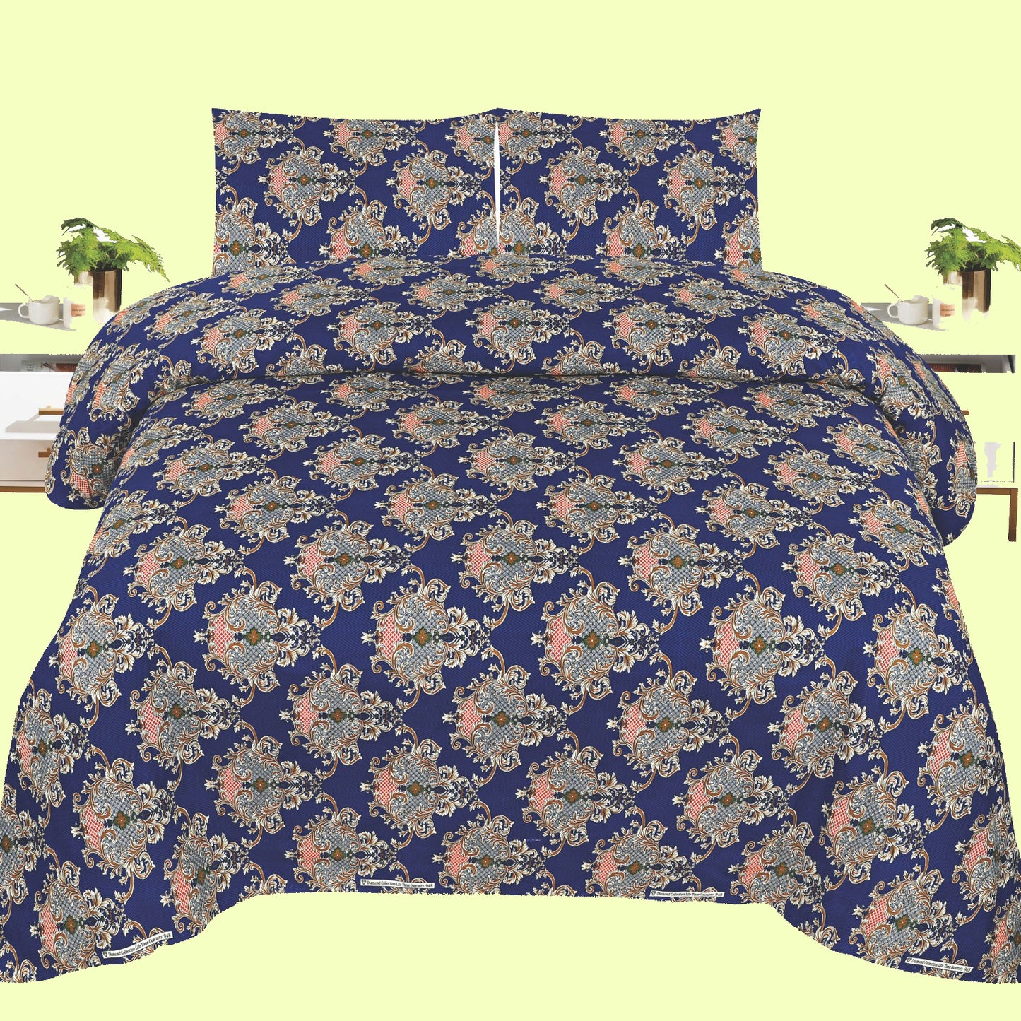 Royal Blue Damask Cotton Bedsheet Set – Premium Floral Pattern Bedding for Luxurious Comfort