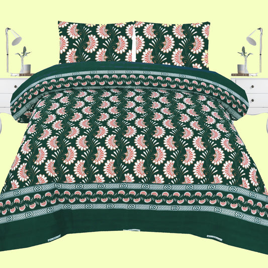 Emerald Bloom Floral Cotton Bedding Set – Elegant Green & Peach Printed Bedsheet for Modern Bedrooms