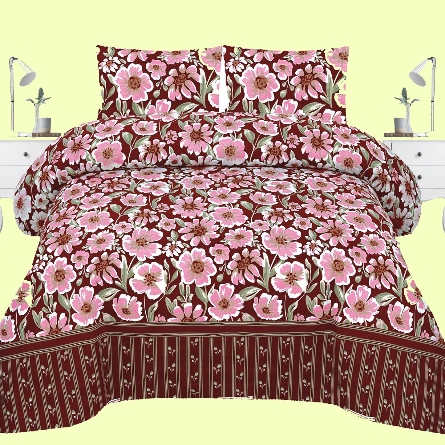 Maroon Blossom Cotton Bedsheet Set – Elegant Floral Design for Modern Bedrooms