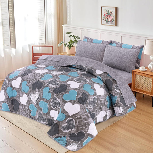 Blue & Grey Heart Print 7PC Bedding Set | Premium Comforter Set | King Size Bed Set