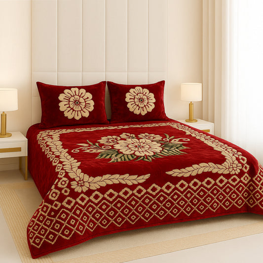 Royal Red Velvet Bedsheet Set – Golden Floral Design for Luxurious Bedrooms
