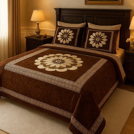 Luxury Brown Velvet Bedspread Set – Floral Embossed Design, King Size with Pillow Covers