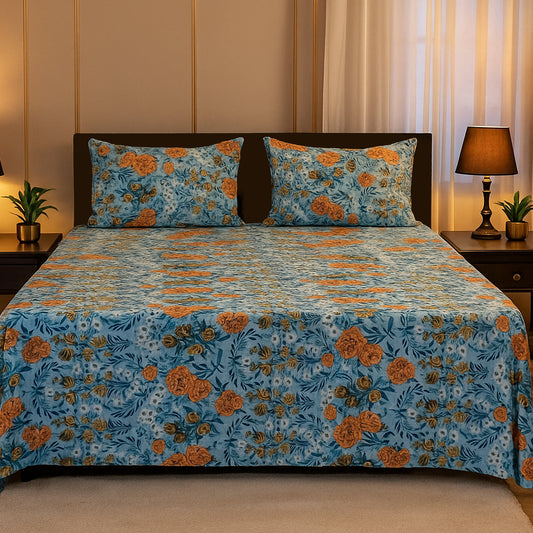 Luxury Blue Floral Bedsheet with Orange Blossoms – Soft Cotton Feel | Elegant Bedroom