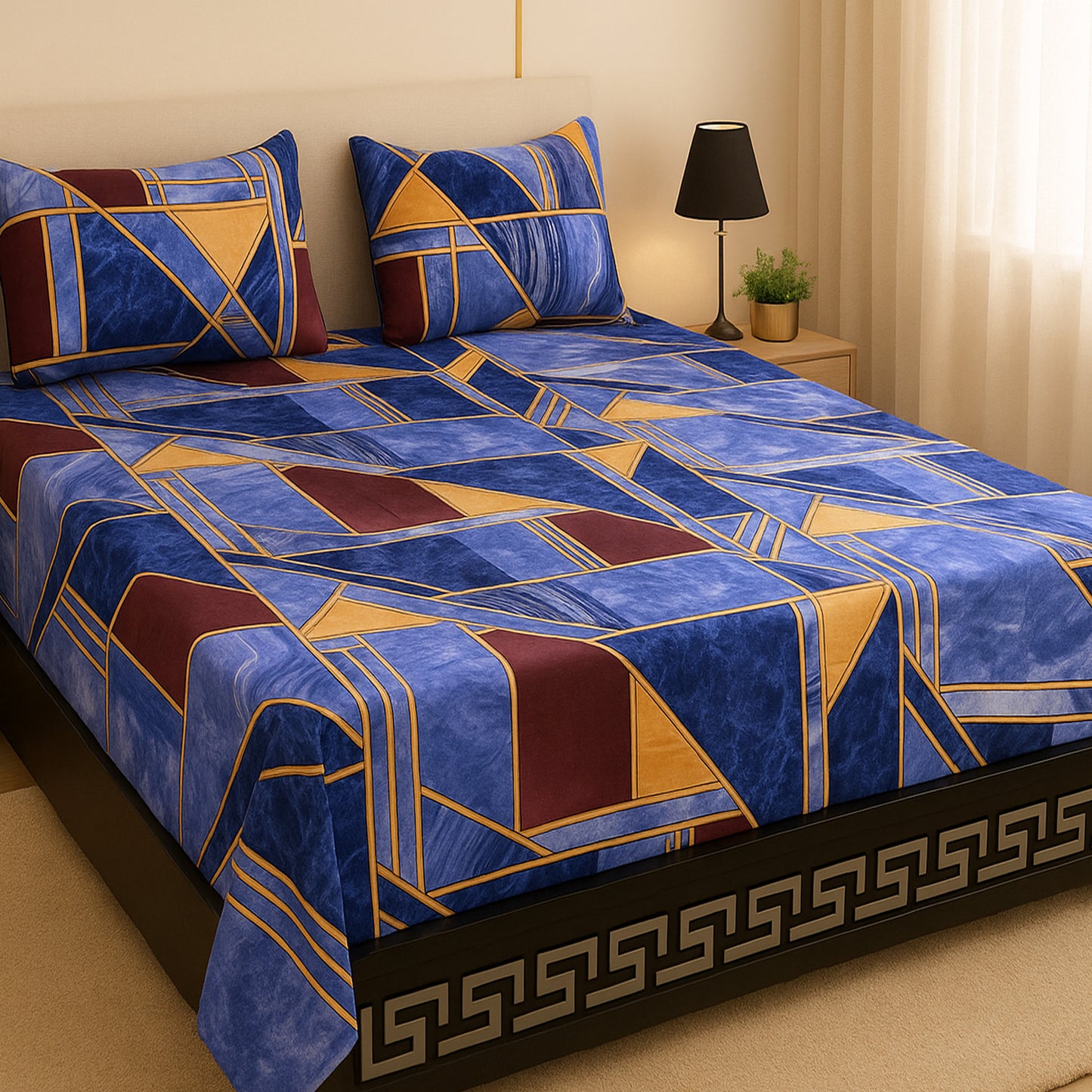 Royal Blue Geometric Bedsheet – Modern Abstract Design | Soft Cotton Feel Bedding Set